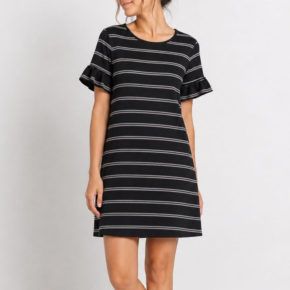 LOFT Sz 12 Black White Stripe Ruffle Sleeve Shift Dress Knit Career Casual